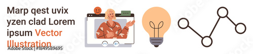 Education, virtual communication, technology, creative ideas, innovation, online interaction. Elderly woman on video call, light bulb connection icon. Virtual communication and technology