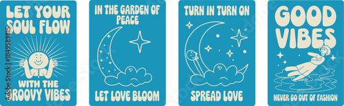 Retro groovy poster collection with inspirational quotes and vintage 70s aesthetic characters celestial moon stars and sun illustrations for social media marketing and creative web design projects