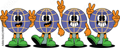 Retro cartoon globe characters with peace signs and happy faces in vintage rubber hose style for environmental sustainability and global unity concept illustration for social media and marketing