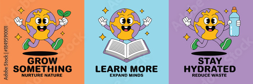 Retro cartoon earth character set for environmental education and sustainability awareness featuring planet mascot with book water bottle and plant for eco friendly lifestyle marketing campaign