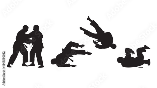 Self Defense Techniques in Silhouette with Dynamic Movement in Black on White Background for Martial Arts Training