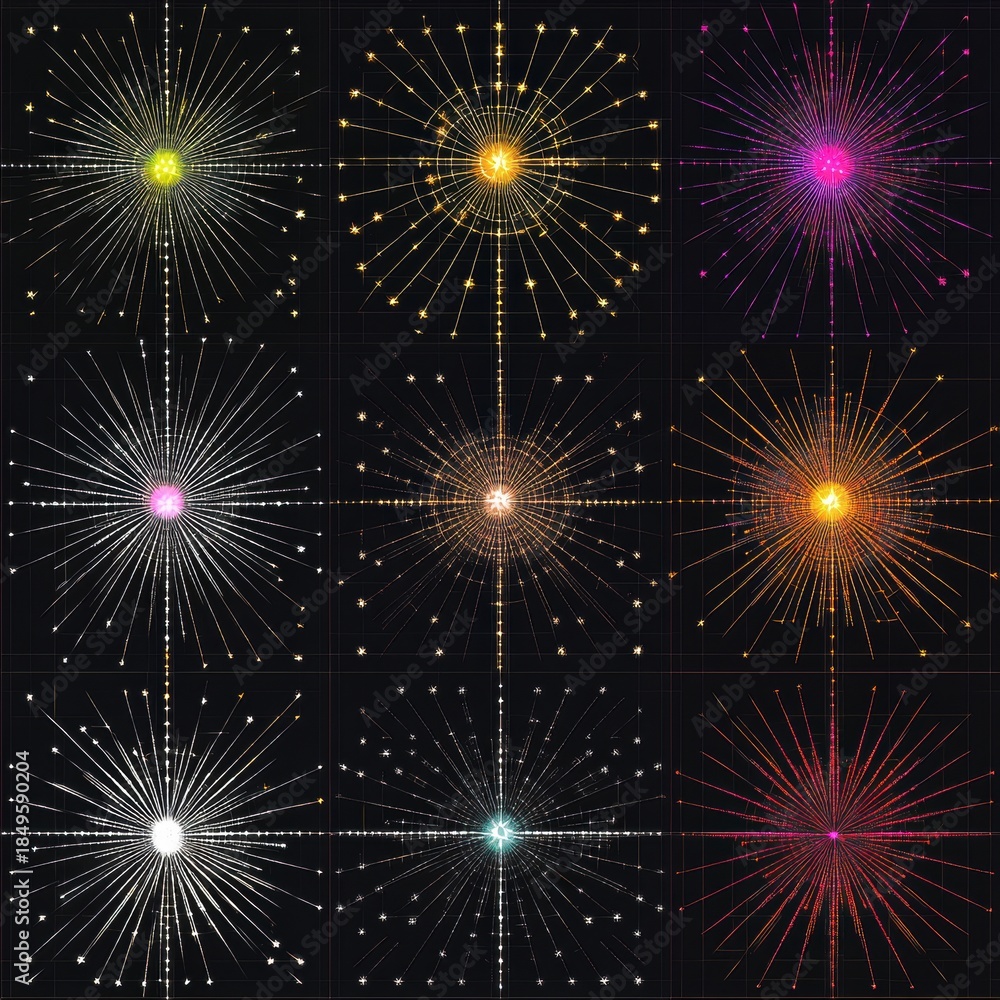 Fototapeta premium A collection of colorful, star-burst patterns with radiant glows on dark grid.