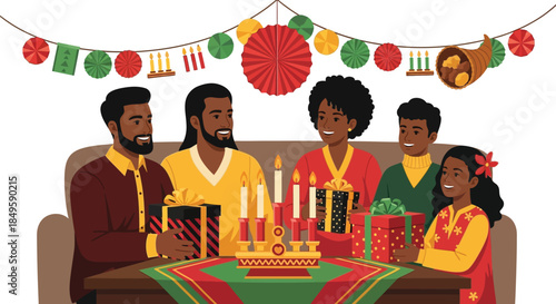 African American family celebrating Kwanzaa together happily.