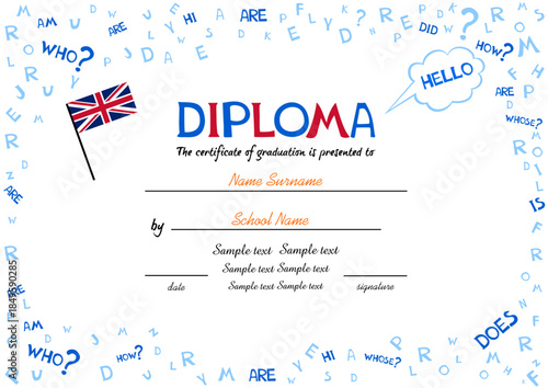Certificate template for english award with alphabets in background. Preschool Kids Diploma certificate background design template. Certificate of kids diploma. vector illustration