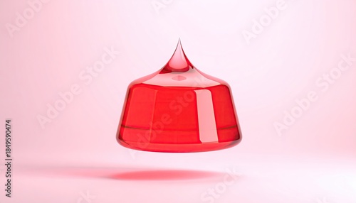 Crimson-hued, teardrop-shaped glass object against a pink gradient