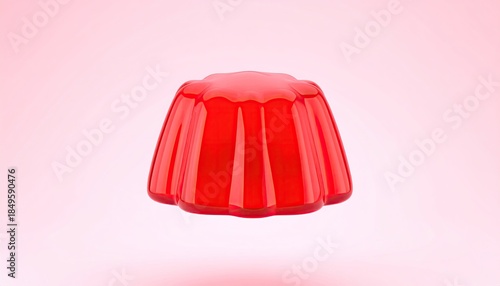 A bright red jelly dessert, centered on a light pink gradient backdrop
