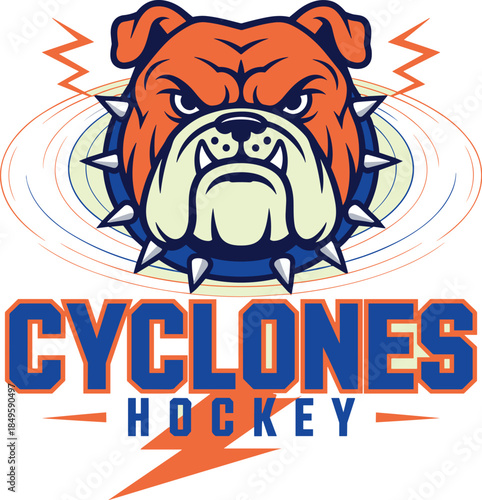 Aggressive bulldog mascot logo for hockey team professional sports branding with fierce dog head illustration in spiked collar for athletic club identity competition and competitive spirit