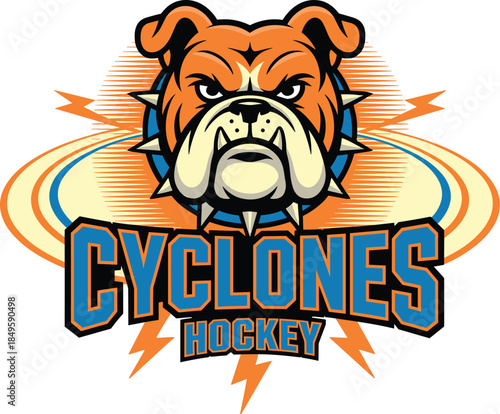 Bulldog mascot logo for cyclones hockey sports team featuring an aggressive dog head with spiked collar and lightning bolts for athletic branding school spirit competition and tournament apparel