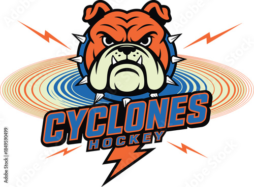 Aggressive bulldog mascot logo for hockey team professional sports branding with fierce dog character head wearing spiked collar and lightning bolt elements for athletic club identity design