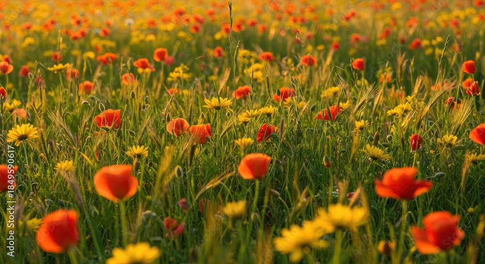 Fototapeta premium Vibrant Poppy and Daisy Meadow: A Golden Hour Symphony of Color and Light