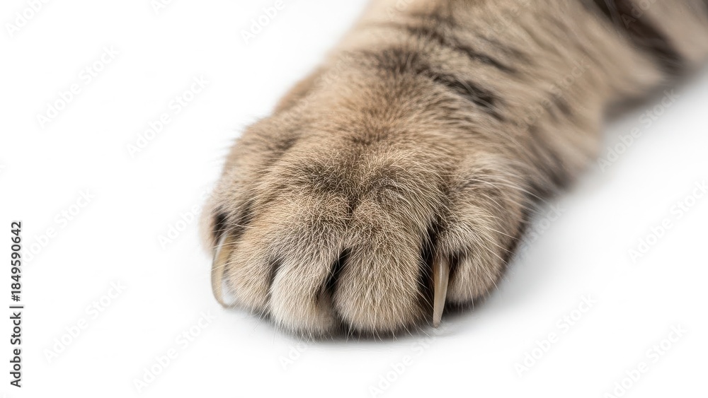 Obraz premium Close up of a soft furred cat paw resting on a white background.