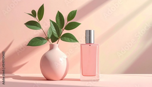Pink perfume bottle and vase of leaves, soft lighting, minimalist scene