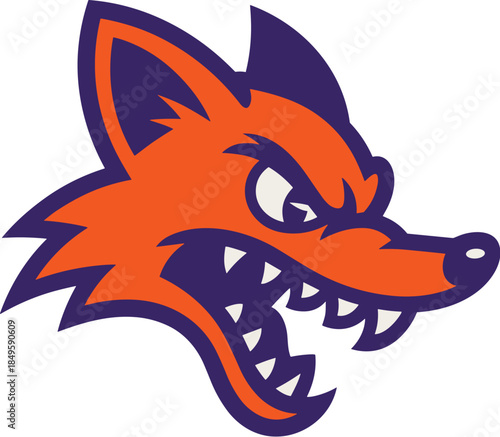 Angry fox mascot logo illustration with sharp teeth and aggressive expression for sports team branding gaming clan identity esports competition apparel design and energetic marketing concepts