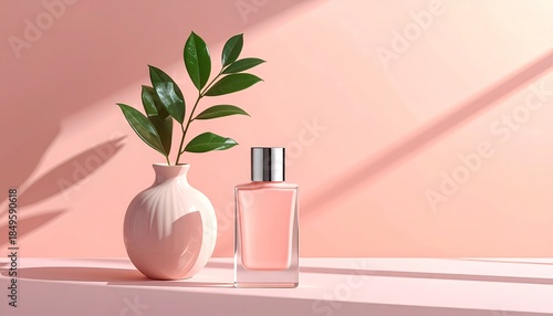 A perfume bottle and vase with green leaves on a pink backdrop