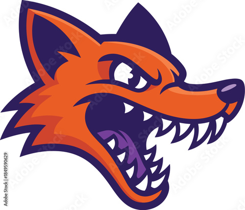 Aggressive fox mascot head logo with sharp teeth and orange fur profile for sports team gaming esports branding professional mascot character design isolated on white background vector style