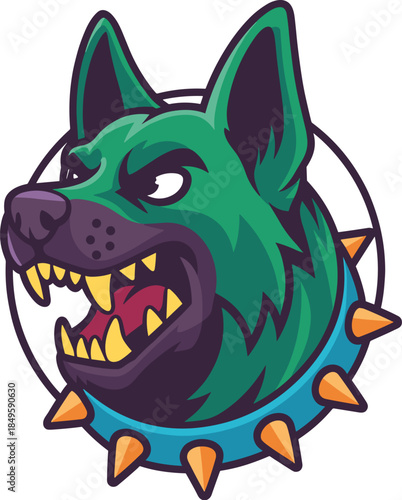 Aggressive green dog mascot with sharp teeth and spiked collar cartoon illustration for gaming logo sports team branding esports identity security company emblem fierce animal vector design