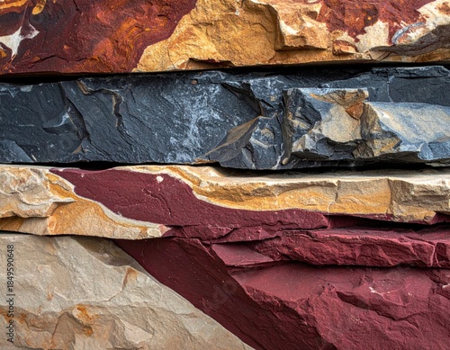 Close-up of layered sedimentary rock with varied colors and textures
