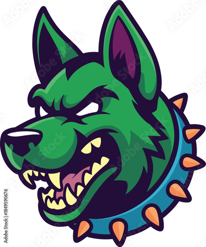 Fierce green wolf mascot head with spiked collar on purple background aggressive dog esport logo for sports team gaming branding professional predator character design for apparel and marketing