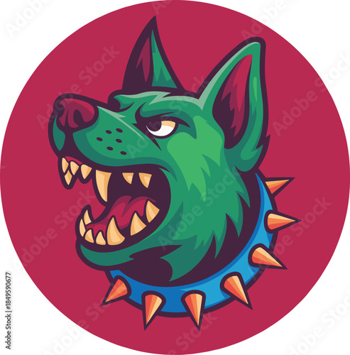 Aggressive green dog mascot with sharp teeth and spiked collar for sports team logo design fierce animal head illustration for gaming community branding and competitive esports club identity