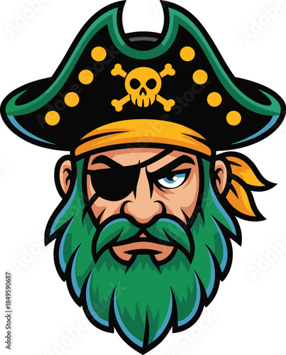 Pirate captain mascot head with green beard and eyepatch wearing skull tricorn hat on orange background professional esport logo illustration for gaming sports team branding and creative design