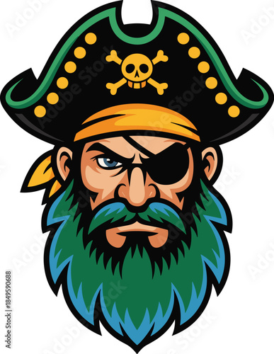 Pirate mascot logo with green beard and eyepatch wearing captain hat with skull and crossbones on orange background for sports team branding gaming avatar esports design and adventure theme concept