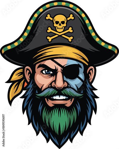 Pirate captain mascot head with black tricorn hat and skull crossbones icon wearing eye patch and blue green beard for gaming logo design or sports team branding on vibrant orange background theme