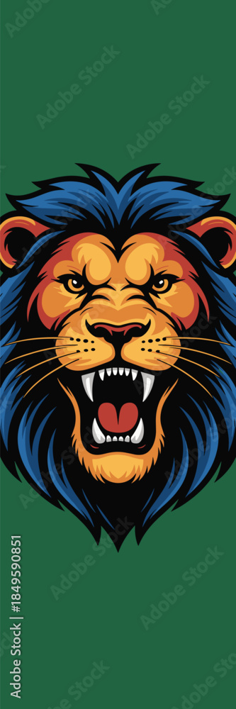 Fototapeta premium Roaring lion head mascot with blue mane and orange face on green background powerful predatory animal illustration for sports team branding gaming logo design and corporate strength concept art