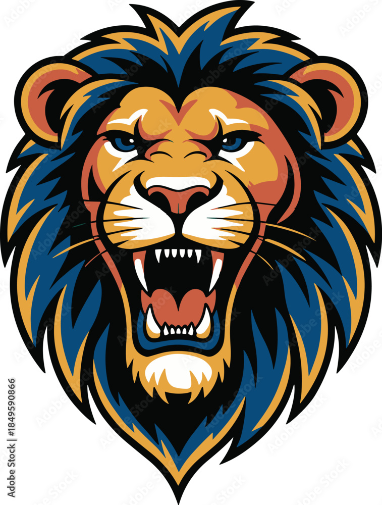 Obraz premium Roaring lion head mascot illustration with fierce expression and sharp teeth for sports team logo branding powerful jungle predator animal graphic for athletic apparel design and esports gaming