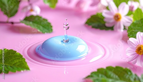 Water drop impact creating splash on a smooth, colored surface with flowers