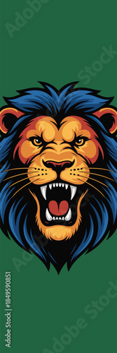 Roaring lion head mascot with blue mane and orange face on green background powerful predatory animal illustration for sports team branding gaming logo design and corporate strength concept art