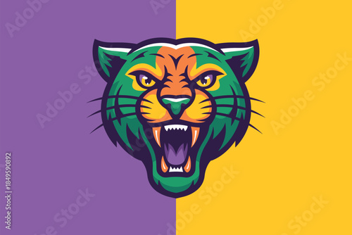 Wild panther mascot head logo with roaring mouth and sharp fangs on purple and yellow background for sports team branding gaming clan identity and competitive esports apparel design illustration