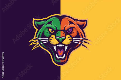 Panther mascot head sports logo with fierce roaring cougar face vector illustration for gaming team identity athletic competition branding aggressive wild cat predator graphic for esports apparel