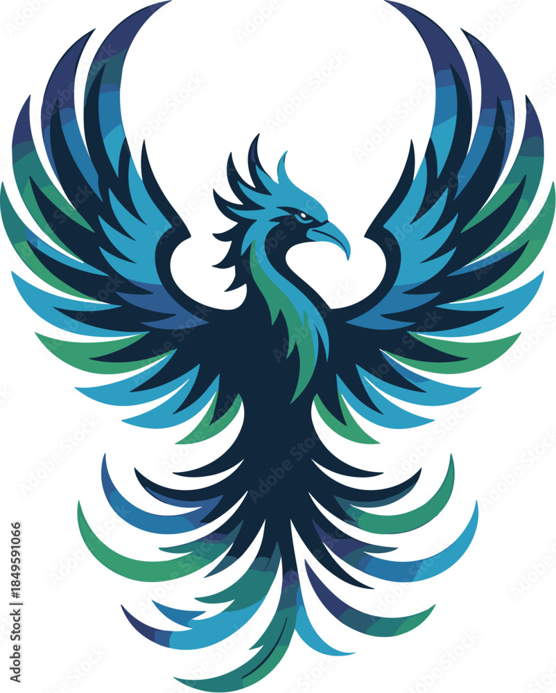 Obraz premium Blue phoenix bird vector logo illustration rising with spread wings and vibrant feathers for corporate branding identity startup innovation concept gaming mascot esport team and creative agency