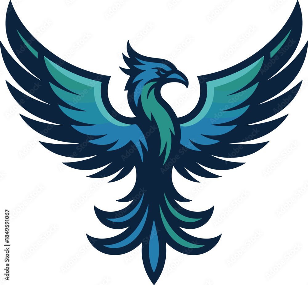 Fototapeta premium Phoenix bird esport logo mascot with spread wings in teal and blue colors mythical creature icon for gaming team sports identity branding professional fantasy animal graphic for web design use