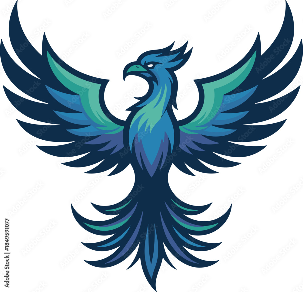 Obraz premium Phoenix bird mascot logo with spread wings blue and teal mythical firebird icon represents rebirth and innovation professional sports team branding gaming clan emblem or corporate startup identity