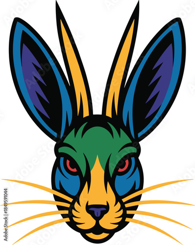 Colorful rabbit mascot logo with vibrant blue green and yellow patterns featuring sharp ears and whiskers for gaming team branding esports identity apparel design and professional sports club