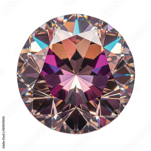 Round Diamond with Colorful Refractions on White Background Keywords: diamond, gemstone, jewel