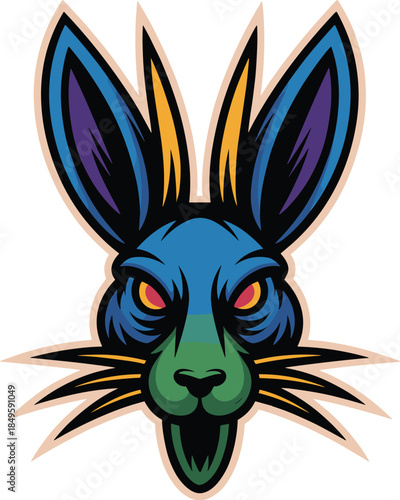 Fierce rabbit mascot logo with aggressive blue and green gradient bunny head for esports gaming team branding professional sports club identity and competitive gaming community emblem design