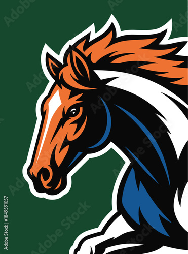 Horse mascot logo illustration of a powerful stallion stallion with orange mane and blue body profile view for sports team branding energetic animal character design for gaming and esports clubs