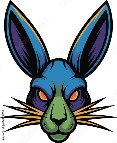 Angry rabbit esports logo vector illustration of aggressive bunny mascot with glowing orange eyes for gaming team clothing apparel brand identity design sports tournament branding concept art