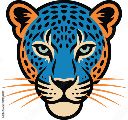 Blue leopard mascot head illustration with orange ears and black spots on vibrant background for sports team logo design and creative branding projects featuring exotic wild cat animal character