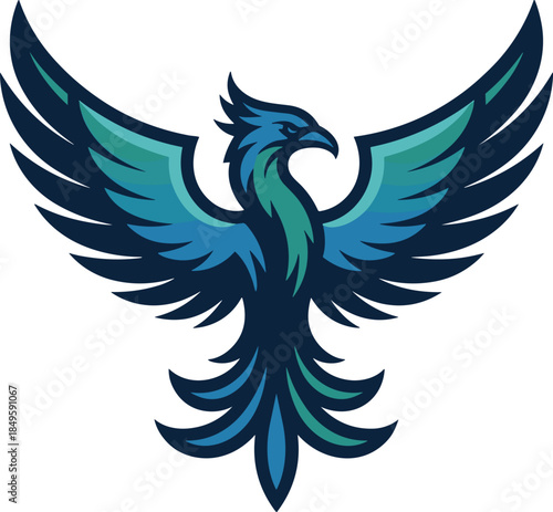 Phoenix bird esport logo mascot with spread wings in teal and blue colors mythical creature icon for gaming team sports identity branding professional fantasy animal graphic for web design use