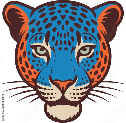 Jaguar head vector illustration of a wild leopard cat in flat graphic style with blue and orange spots for modern branding sports team mascot apparel design and creative wildlife conservation
