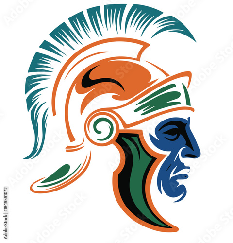 Ancient Spartan warrior head mascot profile with bronze helmet and green crest on white circle background for sports team branding gaming logo fitness gym identity and historical combat concept