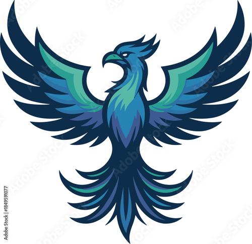 Phoenix bird mascot logo with spread wings blue and teal mythical firebird icon represents rebirth and innovation professional sports team branding gaming clan emblem or corporate startup identity