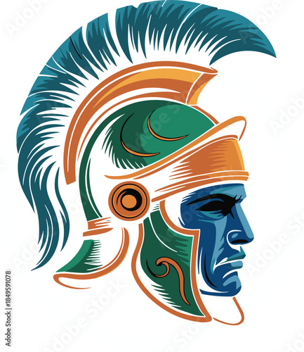 Ancient Greek spartan warrior head mascot illustration wearing golden helmet with blue plume for sports team logo branding heroic roman gladiator profile graphic for gaming and e-sports design