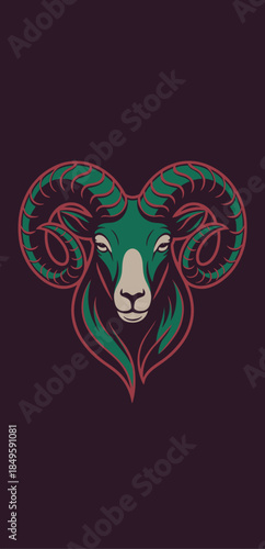 Aries ram head logo illustration with large curved horns in vintage emerald green and burgundy red colors for mystical astrology branding and sports mascot design on a dark textured background