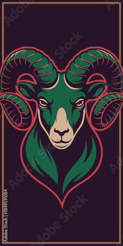 Ram head mascot logo illustration with powerful curled horns and green fur for esports gaming team branding sports apparel design athletic club emblem marketing and professional merchandise