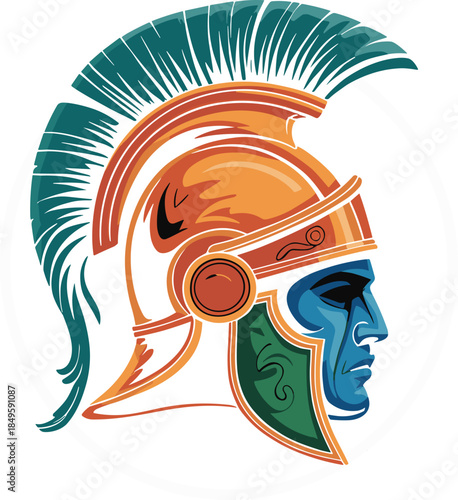 Ancient Greek Spartan warrior helmet mascot illustration with colorful crest and bronze armor on black background for sports team logo gaming identity apparel design and competitive branding