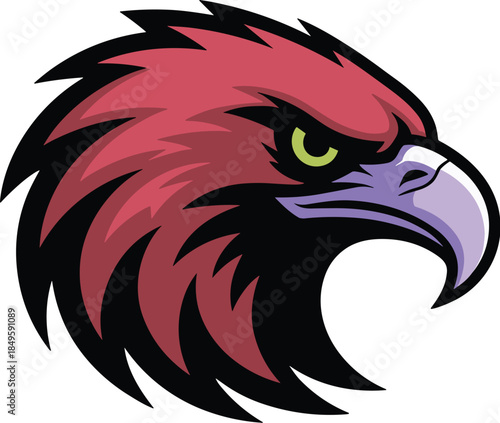 Red eagle mascot logo profile showing powerful hawk head with fierce gaze for sports team branding gaming community identity professional esports organization heraldry predator bird illustration
